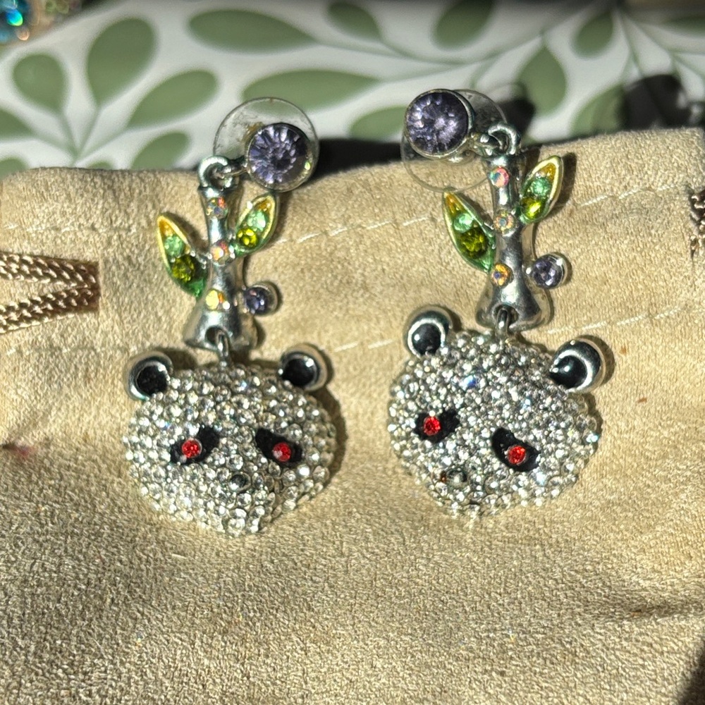NWT JTV Sparkling Panda Earrings with Leaf Accents
